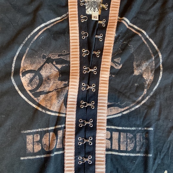 Rugged Gypsy Black Motorcycle Born to Ride Bleached Corset Style Oversized T XS - Picture 3 of 5